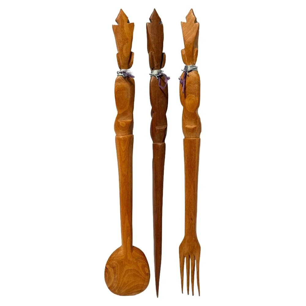 Vintage Hand Carved Tribal Wood Salad Serving Set Fork Spoon Skewer 3pc 14.5in
